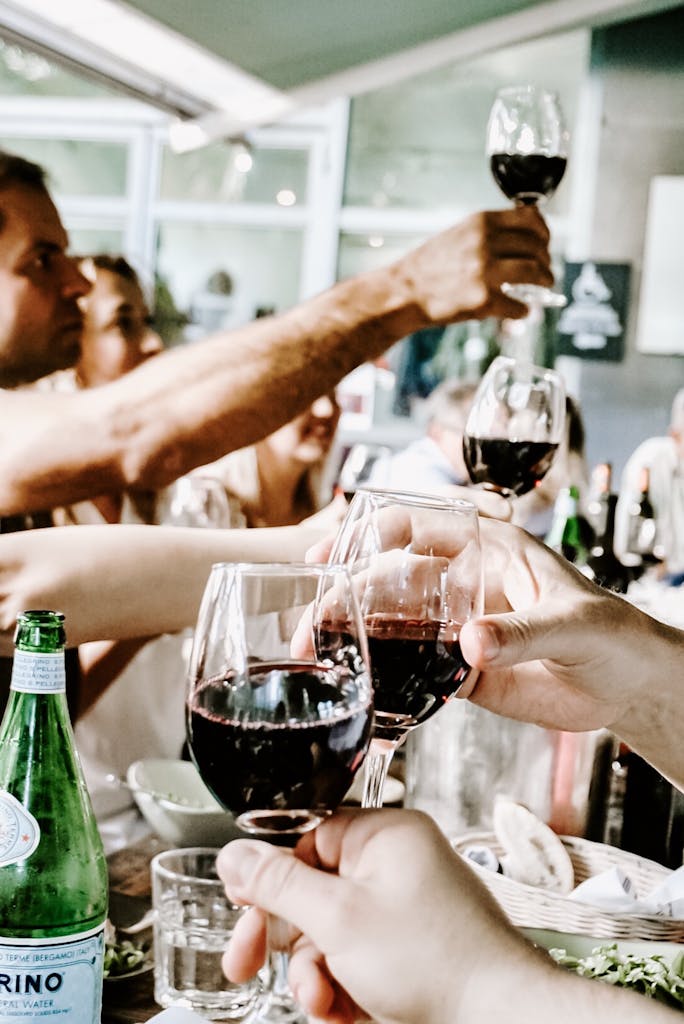 Celebrate with friends during a casual indoor gathering, raising glasses of red wine in a toast.